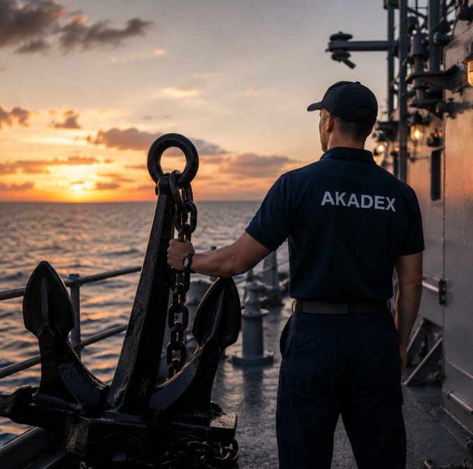 A naval officer viewed from behind, wearing a dark uniform with 'AKADEX' printed on the back, stands on a ship's deck holding the shank of a large black anchor at sunset over the ocean.