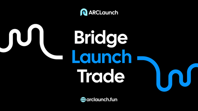 The image is a promotional graphic for "ARCLaunch" with the words "Bridge Launch Trade" displayed prominently in white and blue text against a black background, featuring wavy line designs and the website "arclaunch.fun" at the bottom. This appears to be a crypto launchpad advertisement, complementing the post's call for Solana ($SOL) wallet drops as part of a reward giveaway to engage the community.
