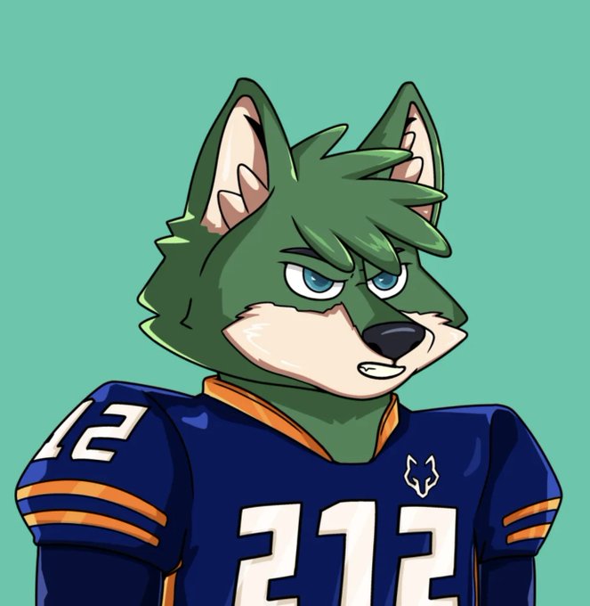 An illustration of a green anthropomorphic wolf or husky character with blue eyes, wearing a blue and orange football jersey with the number 212 on it.