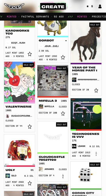Mobile app screenshot of a digital marketplace called 'W... CREATE' displaying various NFT-style collectibles including 'KARDWORKS TCG', 'GORBOT', 'VALENTINERIE', 'TECHNOGENESIS', and 'UGLY' with minting details and SOL pricing.