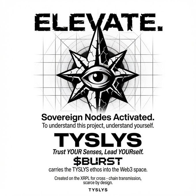 A black-and-white promotional graphic for a Web3 project titled "ELEVATE." featuring an eye-in-star emblem, with text reading "Sovereign Nodes Activated. To understand this project, understand yourself. TYSLYS Trust YOUR Senses, Lead YOURself. $BURST carries the TYSLYS ethos into the Web3 space. Created on the XRPL for cross-chain transmission, scarce by design."