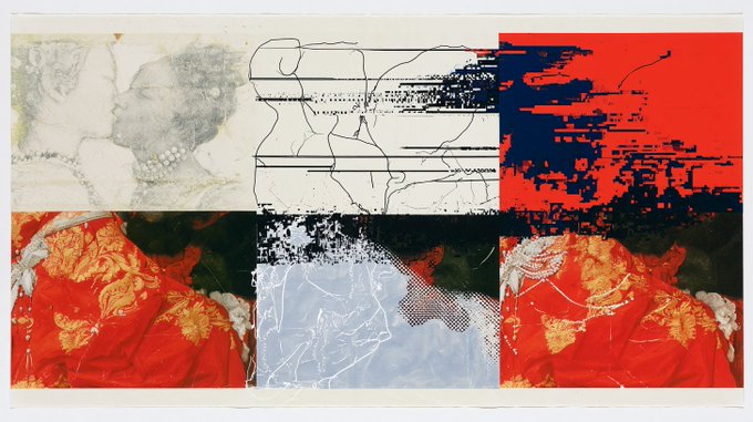 The image appears to be an abstract mixed-media artwork with fragmented panels featuring red fabric with gold embroidery, skeletal imagery, and pixelated color blocks, visually echoing the post's theme of layered understanding and intimacy. The accompanying text references an NFT on objkt.com, suggesting this is a digital art piece exploring the complexity of human connection.