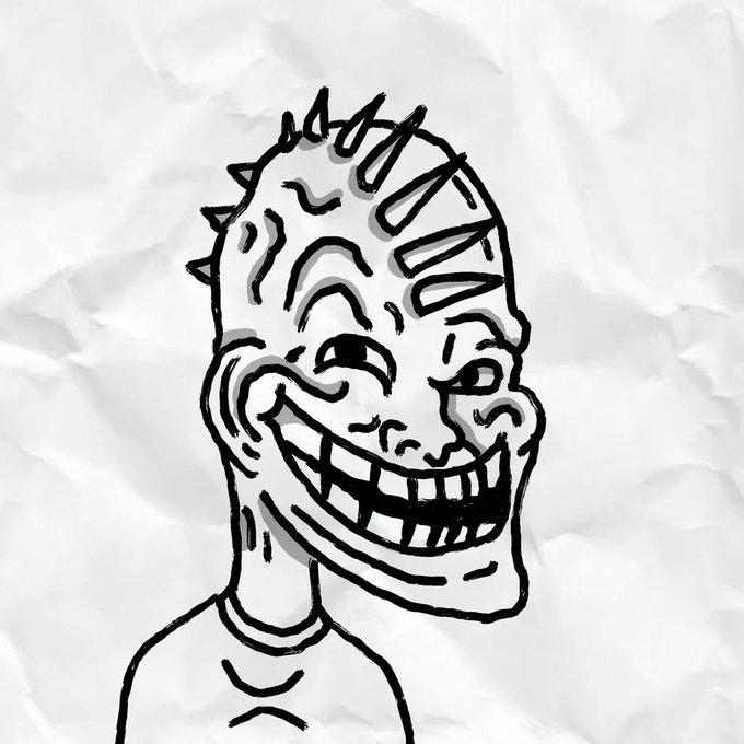 A black and white line drawing of a troll face meme character with spiky hair and a wide, toothy grin on a crumpled paper background.