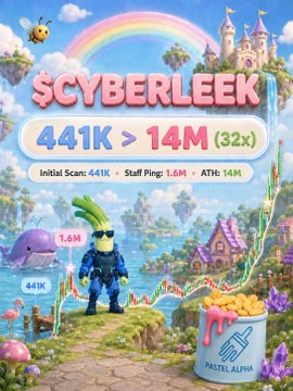 A colorful promotional graphic titled '$CYBERLEEK' displaying token metrics ('441K > 14M (32x)', 'Initial Scan: 441K', 'Staff Ping: 1.6M', 'ATH: 14M') with a rainbow, castle, and a character figure, branded 'PASTEL ALPHA' at the bottom.