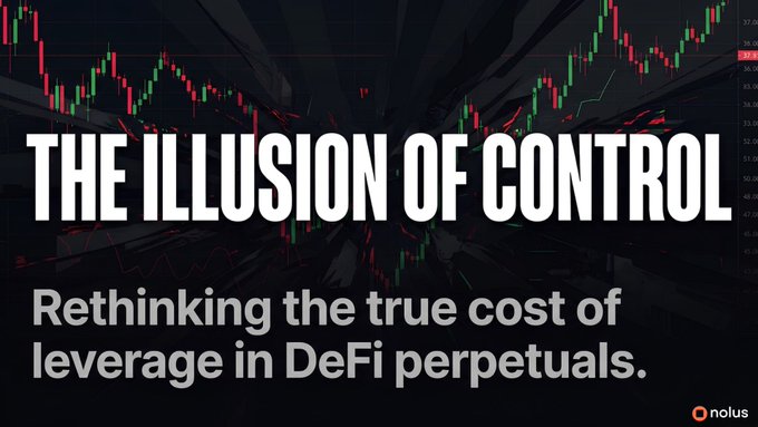 A bold graphic titled 'THE ILLUSION OF CONTROL: Rethinking the true cost of leverage in DeFi perpetuals,' set against a background of crashing financial candlestick charts, branded with the 'nolus' logo.