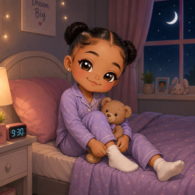 A 3D animated illustration of a young girl with space buns wearing purple star-patterned pajamas, sitting on a bed holding a teddy bear in a room with a '9:30' alarm clock and a 'Dream Big' poster.