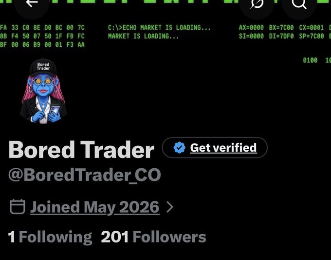 Twitter/X profile for 'Bored Trader' (@BoredTrader_CO), a blue NFT character avatar, showing they joined May 2026 with 201 followers.