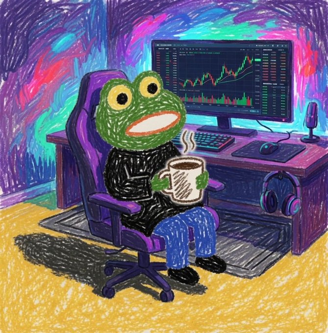 A colorful crayon-style illustration of a frog character sitting at a gaming desk with a monitor displaying trading charts, holding a cup of coffee.