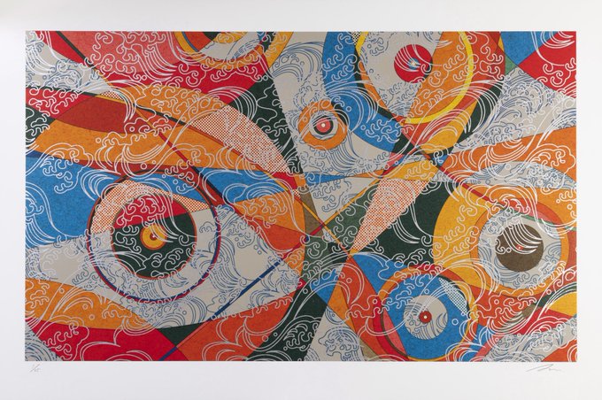 An abstract art print featuring vibrant colors, swirling wave-like patterns, and circular eye-like motifs in a Japanese-inspired style.