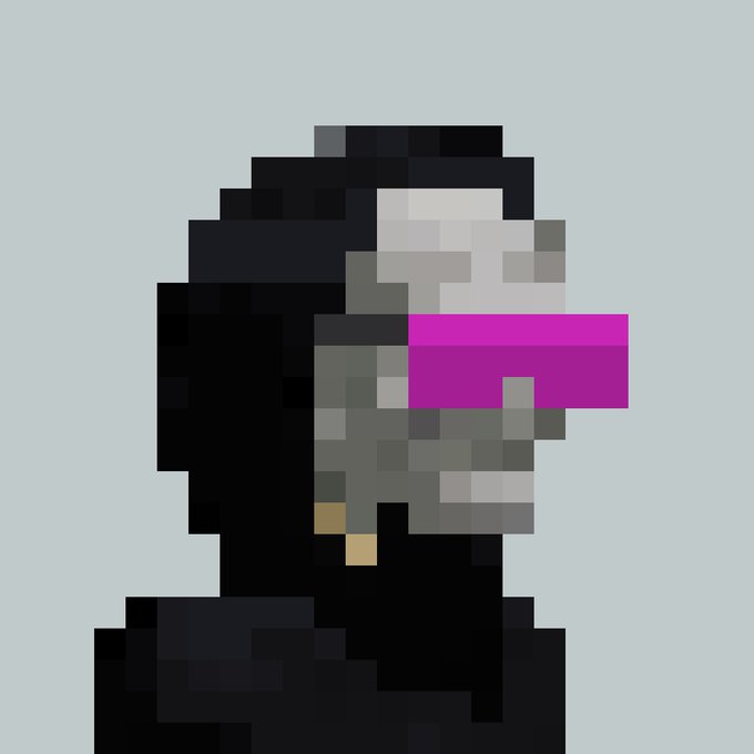 A pixel art image depicting a hooded figure with a gray skull-like face obscured by a bright magenta rectangle.