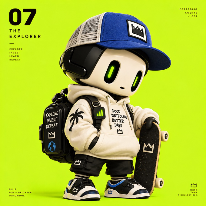 A stylized 3D character called "07 The Explorer" wearing a blue cap, VR headset, and hoodie holding a skateboard, with text reading "Explore, Invest, Learn, Repeat" and "Good Portfolios Better Days" on a bright green background. The image appears to be part of a "Portfolio Agents" collectible series celebrating the poster's viral NFT launch success and whitelist milestone.