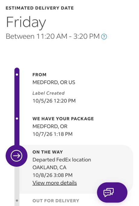 A FedEx package tracking screenshot showing an estimated delivery on Friday between 11:20 AM - 3:20 PM, with the package 'On the Way' after departing a FedEx location in Oakland, CA.