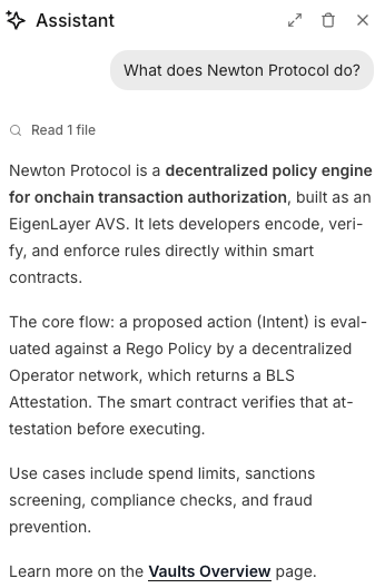 An AI Assistant response explaining Newton Protocol as a 'decentralized policy engine for onchain transaction authorization' built as an EigenLayer AVS.