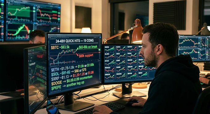 A focused trader analyzes multiple screens displaying crypto candlestick charts, with a side monitor showing "24-48H QUICK HITS — 19 COINS" and the accompanying price predictions for $BTC, $ETH, $SOL, $XRP, $BNB, $DOGE, $ADA, $AVAX, and $PEPE, visually emphasizing the data-driven nature of the bullish and bearish forecasts outlined in the post.