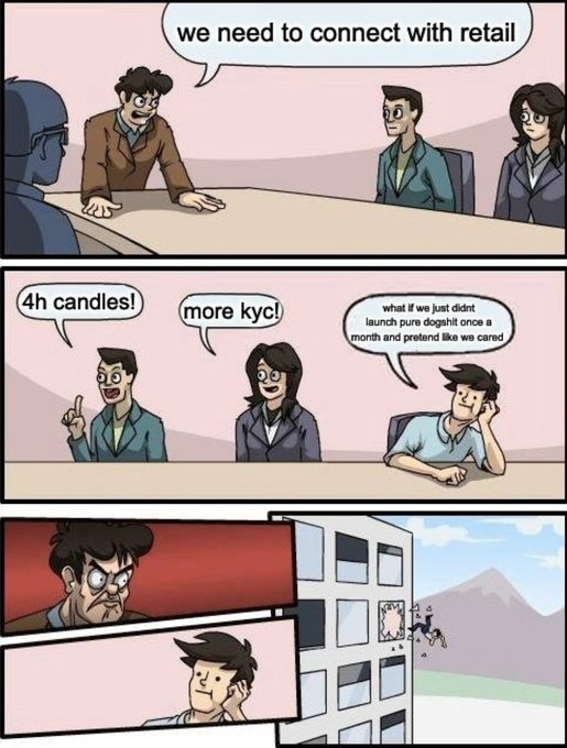 A Coinbase executive meeting shows someone proposing, “we need to connect with retail,” while colleagues suggest “4h candles!” and “more kyc!” The employee quips, “what if we just didn’t launch pure dogshit once a month and pretend like we cared,” prompting the executive to throw him out a window—apparently the incident involving Cobie at the Coinbase executive office.