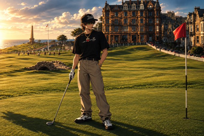 A person in a black cap and t-shirt stands on a scenic golf course holding a club, with a historic castle-like building and red flag in the background.