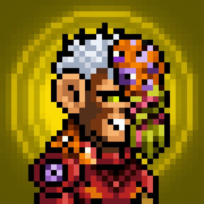 Pixel art shows a stylized figure with white hair, a beard, and purple accents holding colorful flowers against an olive-green background.