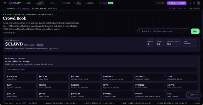 SolGPT interface showing a "Crowd Book" for the FOMO Family token $CLAWD ($CLAW), listing 23 holders and 200 transactions.