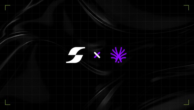 The image features a dark, grid-patterned background with the Step logo (a stylized "S") in white, paired with the ActionModelAI logo (a purple octopus-like emblem) separated by a white multiplication symbol, framed by corner brackets. This visual represents the partnership announcement between Step and @ActionModelAI, highlighting their collaboration to build a community-owned AI ecosystem where users can train AI, build automations, and earn rewards.