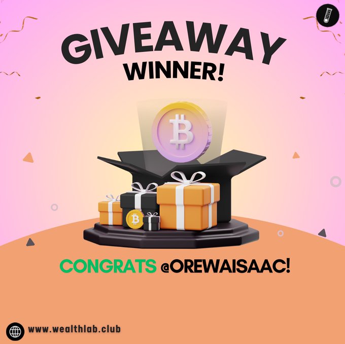 A giveaway winner announcement graphic for @OREWAISAAC featuring "GIVEAWAY WINNER!" text above a 3D illustration of an open gift box with presents and a Bitcoin coin, alongside the context that they won a $50 prize this week from WealthLab.club.