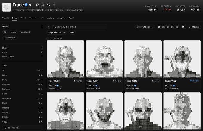 Screenshot of the Trace NFT collection marketplace showing items like Trace #3728 and #3551 with prices around $55-61, featuring pixelated grayscale portrait art on a dark interface.