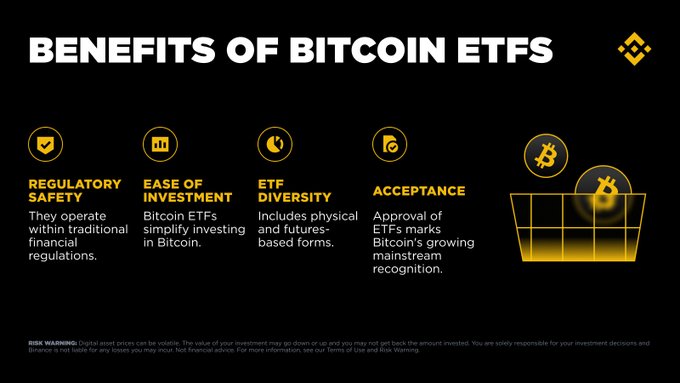 An infographic highlighting four key benefits of Bitcoin ETFs—regulatory safety, ease of investment, ETF diversity, and mainstream acceptance—supporting the post's discussion of surging institutional inflows into U.S. spot Bitcoin and Ethereum ETFs in late August.