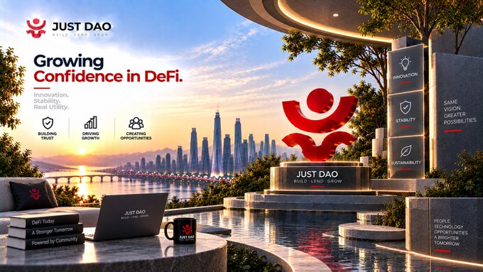 A promotional banner for 'JUST DAO' featuring the tagline 'Growing Confidence in DeFi' with keywords 'Innovation, Stability, Real Utility' alongside icons for 'Building Trust', 'Driving Growth', and 'Creating Greater Opportunities', set against a cityscape at sunset.