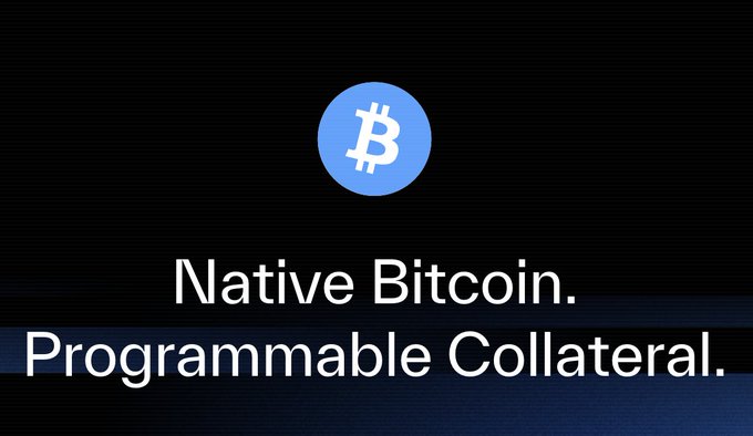 A simple graphic with a black background featuring the light blue Bitcoin 'B' logo above the text 'Native Bitcoin. Programmable Collateral.'