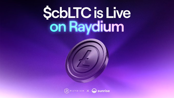 A promotional graphic announcing "$cbLTC is Live on Raydium" features a purple 3D-rendered Litecoin (Ł) coin against a vibrant purple gradient background, with the Raydium and Sunrise logos displayed at the bottom. The image visually reinforces the post's announcement that Coinbase Wrapped Litecoin (cbLTC) is now trading on Solana via Sunrise on Raydium.