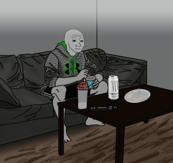 A digital drawing of the 'Wojak' meme character, a bald figure in a grey hoodie, sitting on a couch with snacks and Monster Energy on the coffee table in front of him.