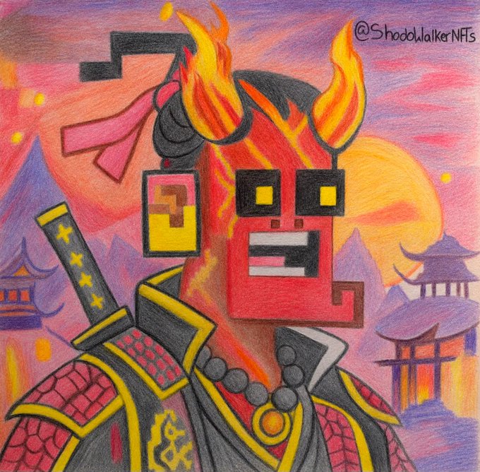 A vibrant hand-drawn colored pencil illustration features a red, blocky samurai-like figure with flaming horns, piercing square eyes, and a katana strapped to its back, set against a dramatic purple and pink sunset with pagoda silhouettes. The artist's signature "@ShadowWalkerNFTs" appears in the top right, matching the post's reference to a handcrafted artwork created in appreciation for the "BITFOOTS" NFT project.