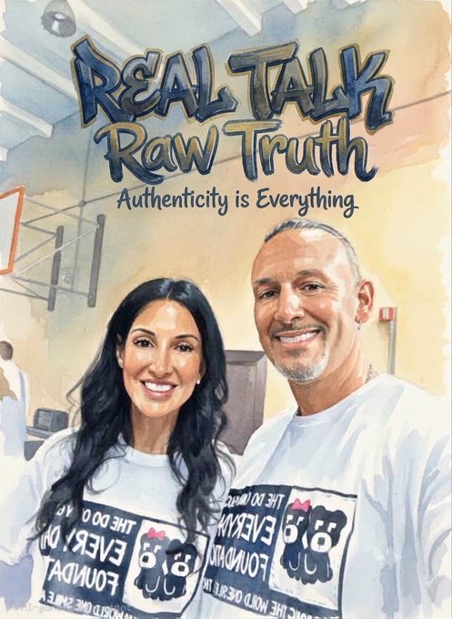 A painted-style poster titled 'REAL TALK Raw Truth - Authenticity is Everything' featuring a man and woman in matching white graphic tees.
