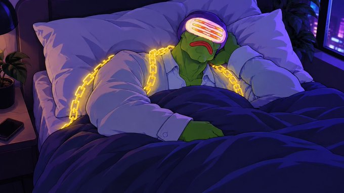 An animated illustration shows a sad green-skinned character with glowing orange eyes lying in bed, entangled in glowing yellow chains, looking weary in a dark, moody bedroom.