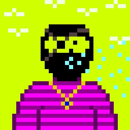 A pixel art image of a character with dark skin wearing yellow/lime green sunglasses, a gold chain, and a magenta/pink striped shirt against a bright yellow-green background with pixelated clouds.