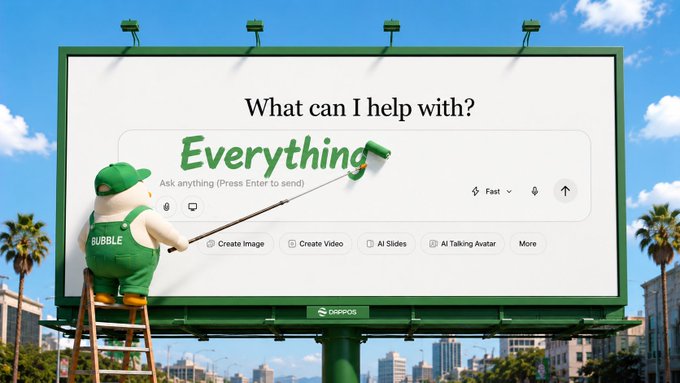 A man wearing overalls with "BUBBLE" stands on a ladder cleaning a billboard that displays "What can I help with? Everything - Ask anything (Press Enter to send)" with options like Create Image, Create Video, AI Slides, and AI Talking Avatar, visually matching the post's theme of using xBubble as a versatile AI assistant for any task.