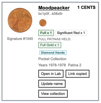 A digital asset listing for a 'Moodpeacker' coin (Signature #1040, 1978-1978, Patina 2) marked as '1 CENTS' with attributes 'Full x1', 'Significant Red x1', 'Full Gold x1', and 'Diamond Hands'.