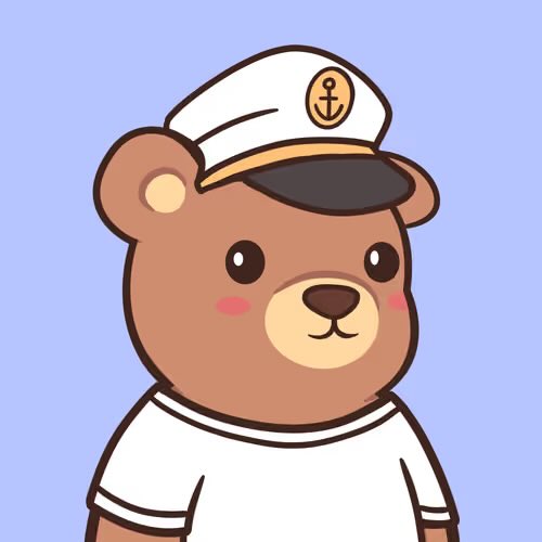 Cute cartoon bear wearing a white sailor cap with an anchor emblem and a white sailor shirt against a pale blue background.