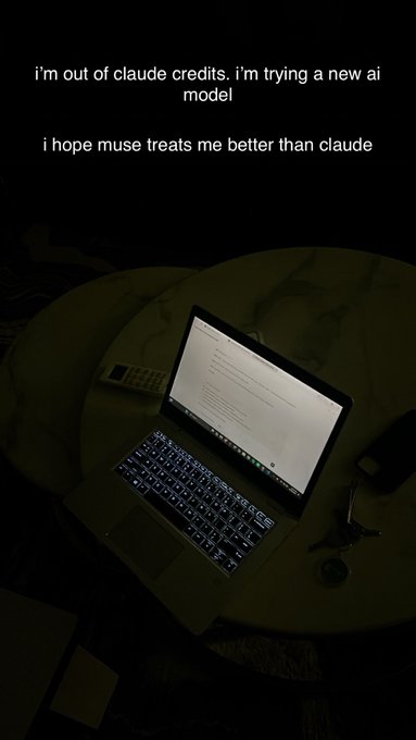 A dimly lit laptop sits on a round table in a dark room, overlaid with text reading: 'i'm out of claude credits. i'm trying a new ai model / i hope muse treats me better than claude'.