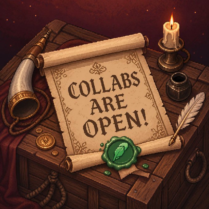 A pixel-art scroll unfurled on a wooden chest declares "COLLABS ARE OPEN!" in ornate lettering, surrounded by a horn, quill, candle, inkwell, and a green gem seal. The medieval-themed visual reinforces the post's announcement that collaboration phases for whitelist spots are now underway.