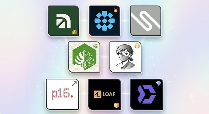 A grid of eight app icons including logos for Arcus, LOAF, and "p15." arranged on a pastel background, serving as visual thumbnails for the listed crypto projects opening their waitlists.