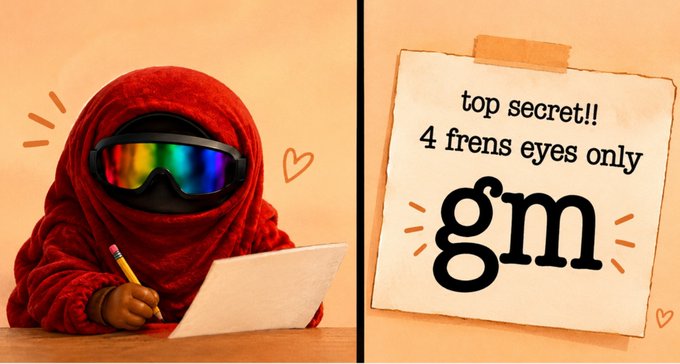 A split image shows a child in a red hooded outfit and rainbow ski goggles writing at a desk on the left, while the right side displays a taped note reading "top secret!! 4 frens eyes only gm".