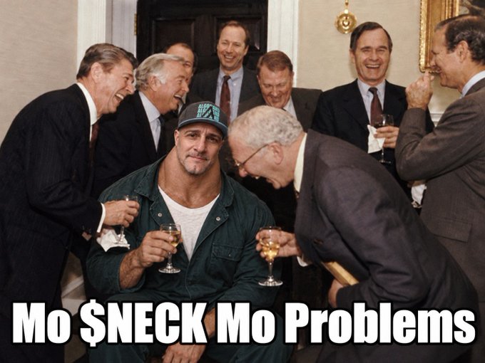 Meme image styled after the classic "Most Interesting Man in the World" meme, showing a man in a "Freedom Fighters" cap surrounded by laughing older men in suits, with the caption "Mo $NECK Mo Problems."