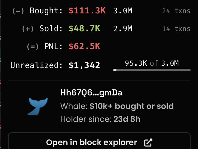A dark trading dashboard shows stats including Bought: $111.3K, Sold: $48.7K, PNL: $62.5K, with a whale alert for address 'Hh67Q6...gmDa' and an 'Open in block explorer' button.