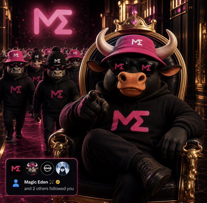 A regal bull wearing sunglasses and an "ME" cap sits on a golden throne while a crowd of similarly branded bulls follows behind. The image ties to the "Bulls in control @MagicEden" post by featuring Magic Eden's branding alongside bull imagery, symbolizing market dominance.