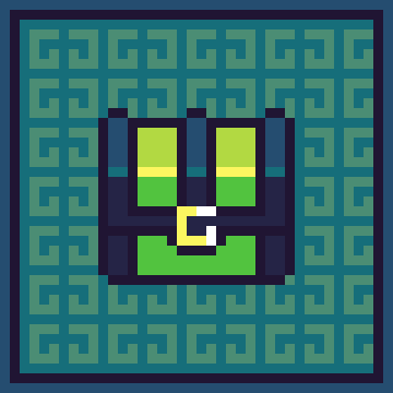 A pixel art style image depicting a green and blue blocky face with yellow eyes set against a teal background with a repeating maze-like pattern.