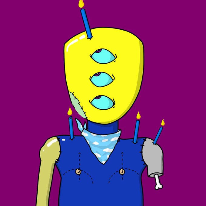 A surreal cartoon illustration of a yellow, mask-like head with three cyan eyes, candles on top and shoulders, a stitched crack, and a blue vest with buttons, set against a purple background.
