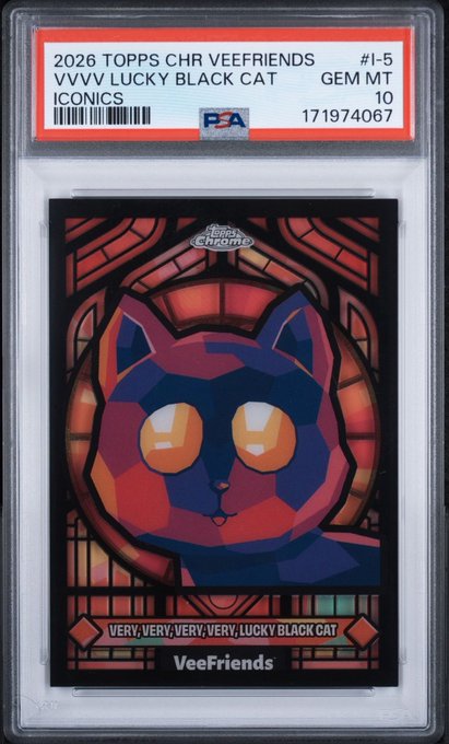 A PSA-graded Topps Chrome VeeFriends trading card labeled "2026 TOPPS CHR VEEFRIENDS VVVV LUCKY BLACK CAT" with a grade of GEM MT 10.