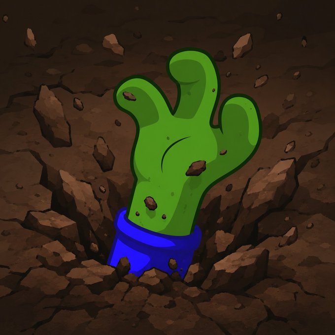 The image features a green cartoon hand with its fingers spread out, appearing to be digging into the ground or hole. The background of the image consists of dirt and rocks, creating an impression of being underground. There are also some text elements present in the image that read "They buried $HUG thinking it was over. What they didn't realize... It was a seed. Now it' s breaking through the surface, stronger than ever." The hand's position and the surrounding environment suggest that it is digging into something buried beneath the ground or hole.