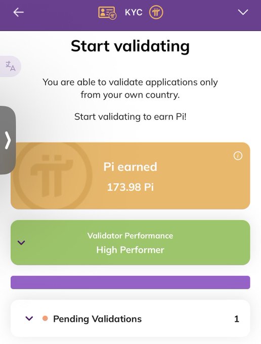 The image shows a KYC validation screen displaying "Pi earned 173.98 Pi" with a "Validator Performance: High Performer" badge and 1 pending validation. This relates to the post by highlighting that despite complaints about low Pi payouts for validators, the compute resources required to maintain the Pi network are substantial, justifying the seemingly modest earnings like the 173.98 Pi shown.
