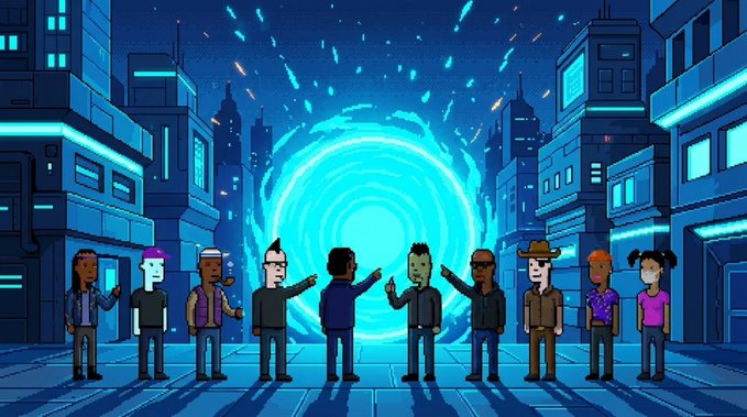 Pixel-art illustration depicting a diverse group of characters standing before a glowing blue portal in a futuristic, neon-lit cityscape at night.